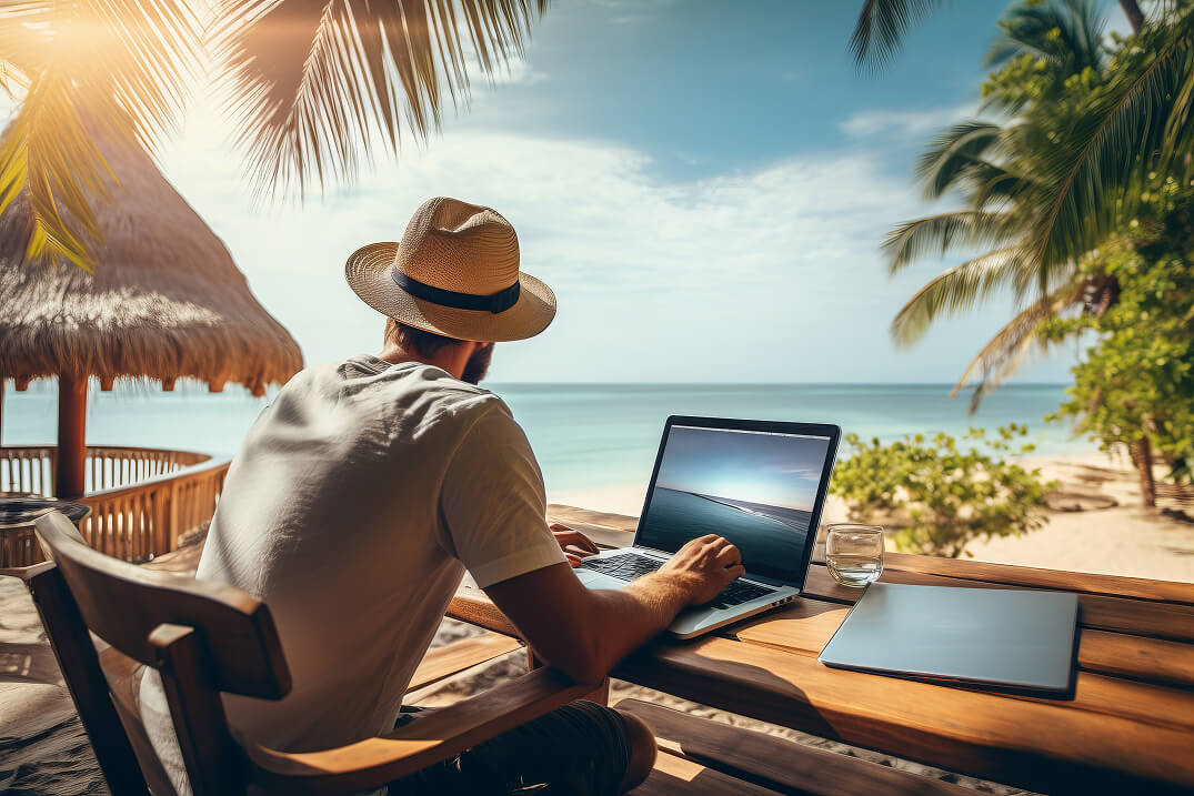 Man on Beach with Laptop Background