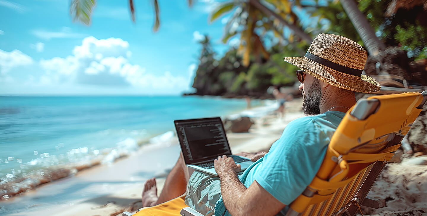 Man on Beach with Laptop Background
